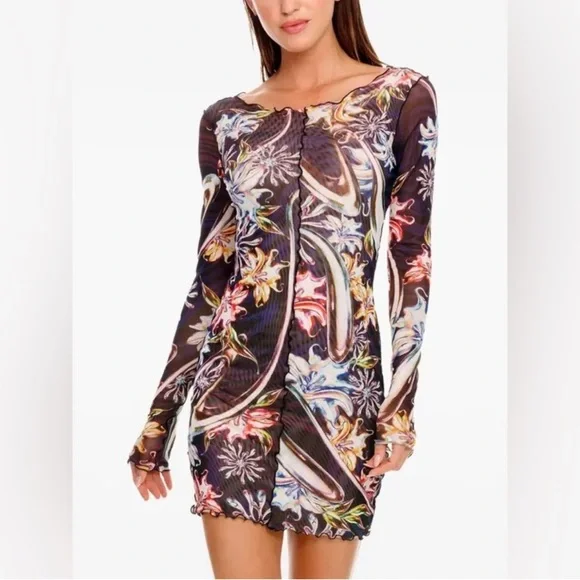 NWT Agua Bendita Hadley Floral Mesh Boat Neck Long Sleeve Mini Dress - Picture 4 of 9
